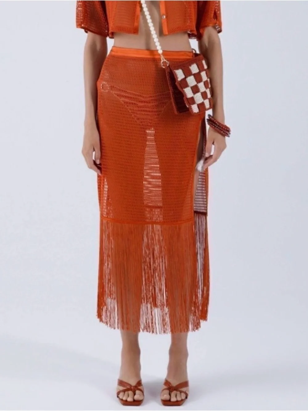 My Beachy Side Camelia Knit Fringe Skirt Cover Up Size Medium NWT Orange Flame - Picture 1 of 5